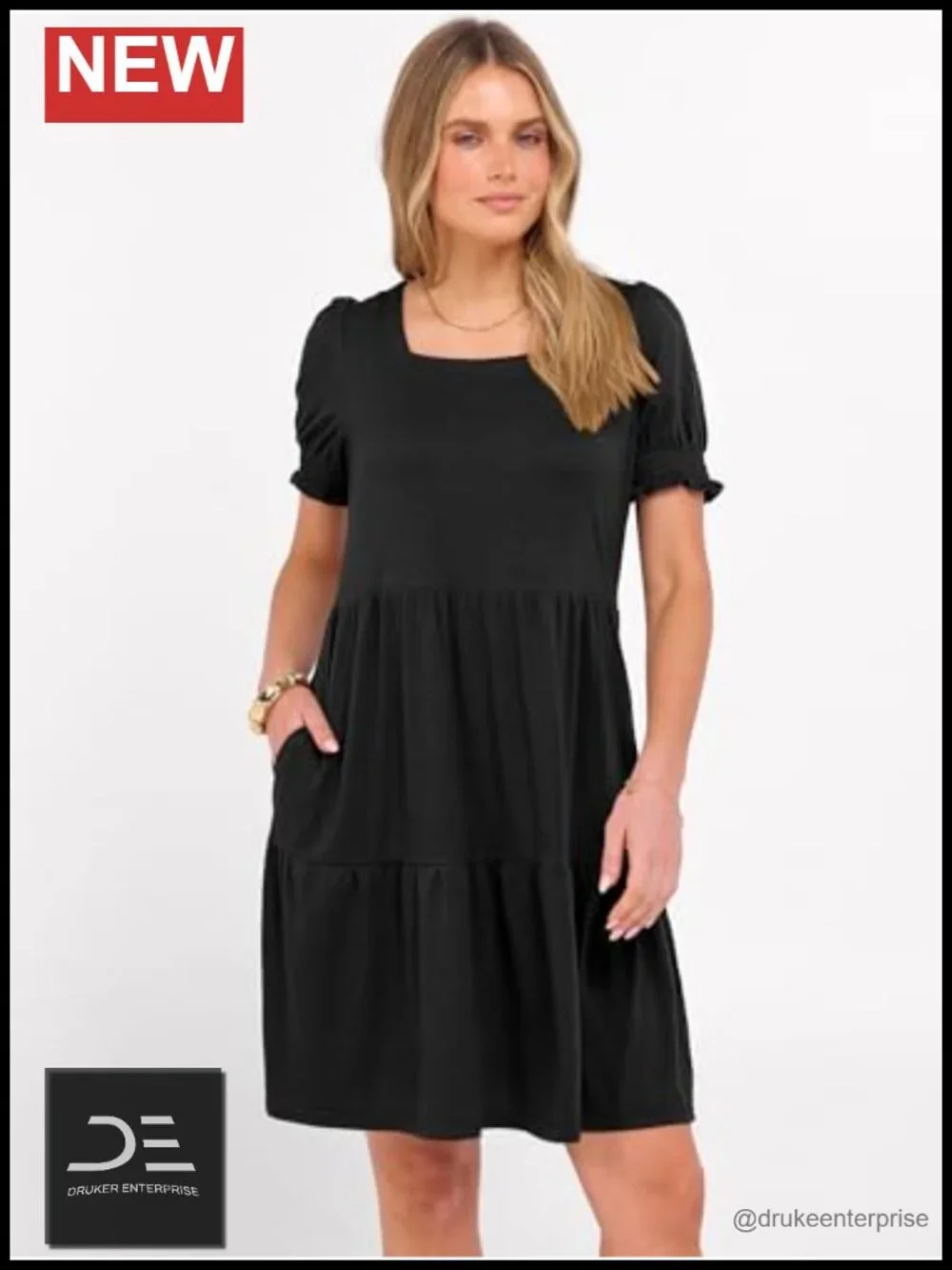 Square Neck Puff Sleeve Mini Dress with Pockets Tiered A-Line Summer Casual